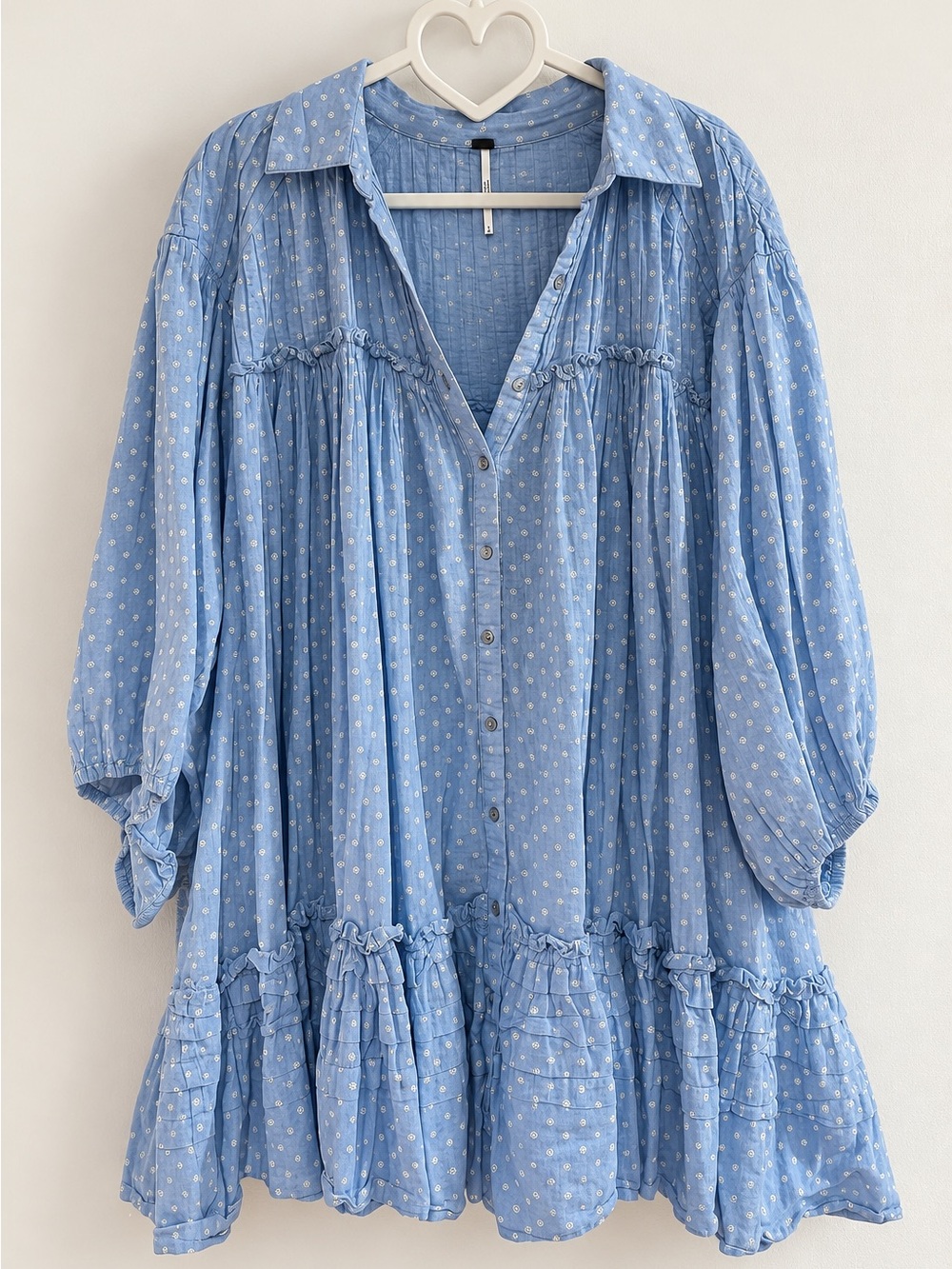 Free People Full Swing Mini Dress Blue Cotton Ruffle S